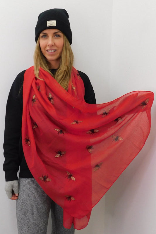 Silver Foil Bee Design Scarf Red