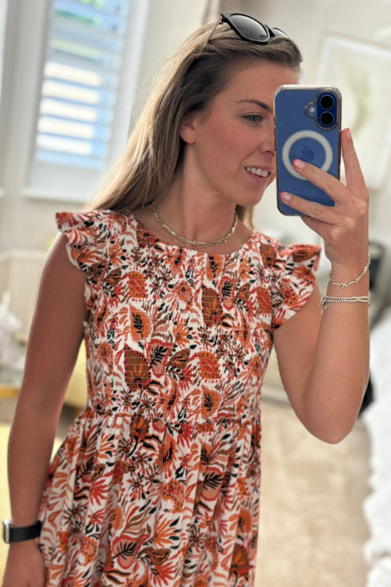 Abstract Burnt Orange Frill Sleeve Dress
