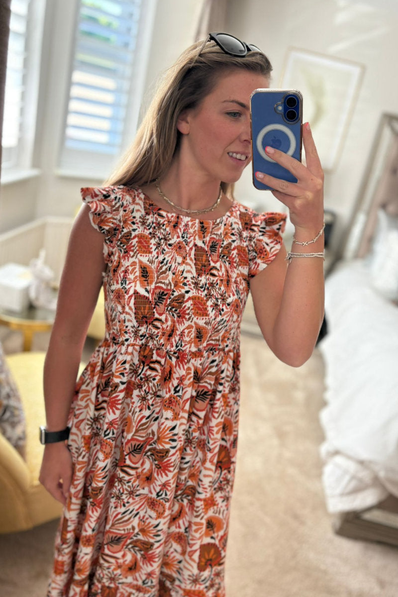 Abstract Burnt Orange Frill Sleeve Dress