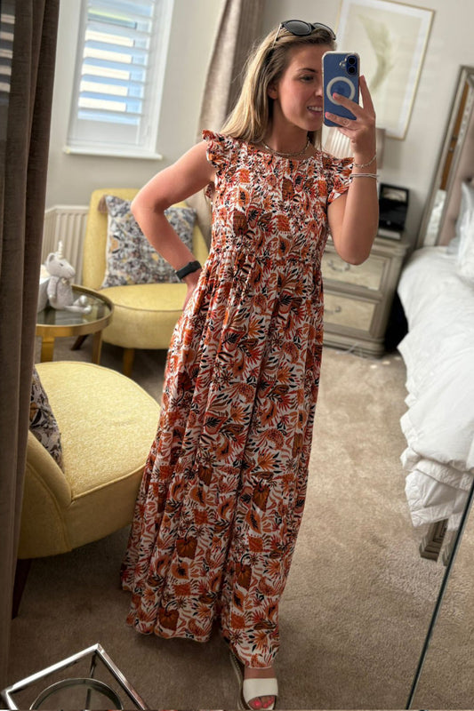 Abstract Burnt Orange Frill Sleeve Dress
