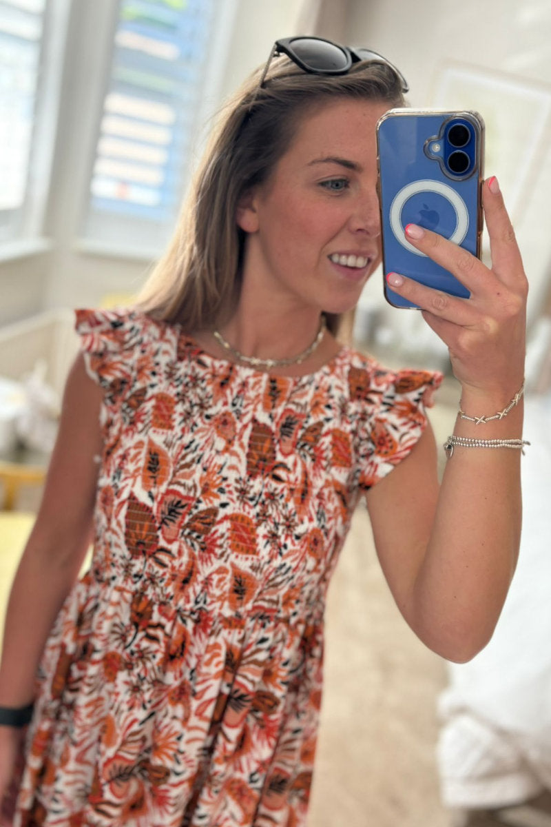 Abstract Burnt Orange Frill Sleeve Dress