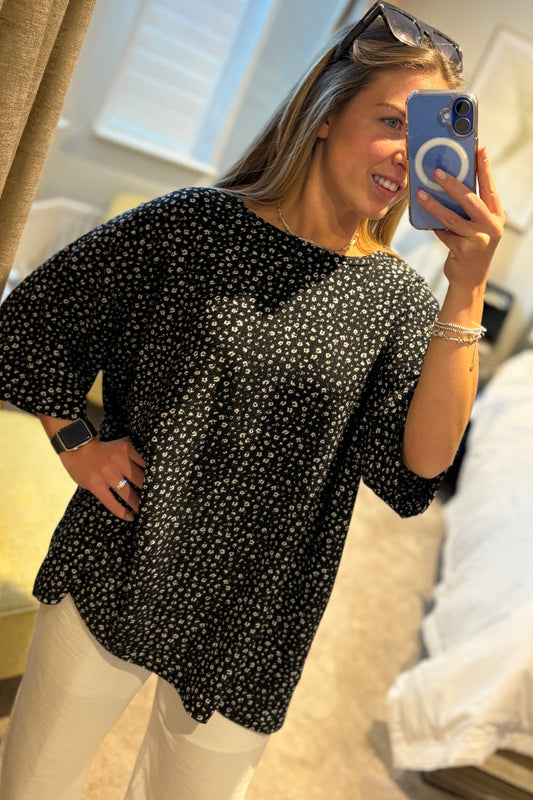 Ladies Black & White Flower Top