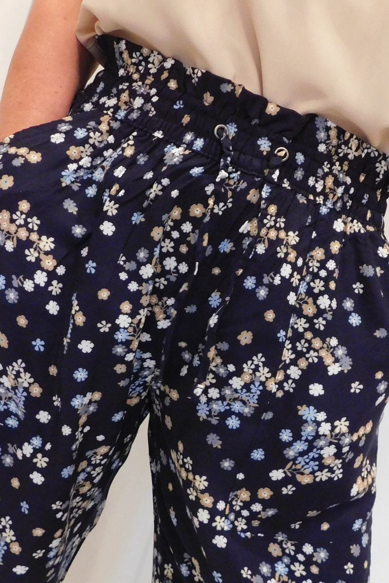 Famous Store Ladies Linen Blend Wide Leg Blue Floral Print Trousers