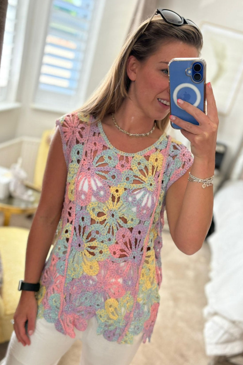 Pastel Rainbow Crochet Flower Top
