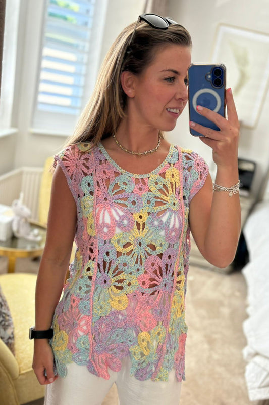 Pastel Rainbow Crochet Flower Top