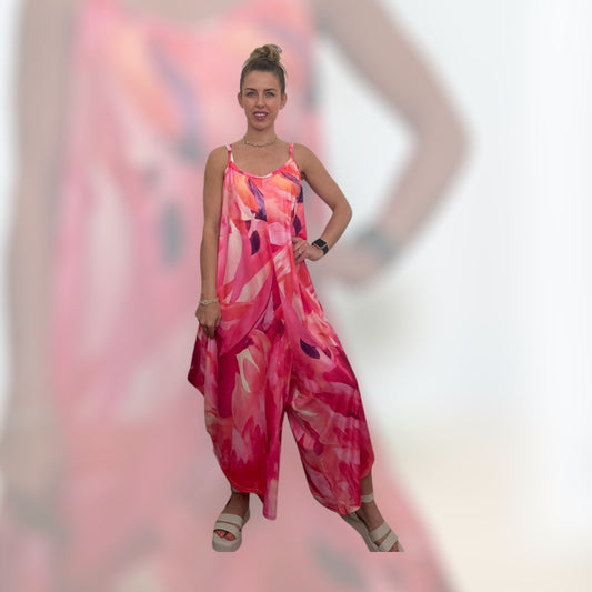 Pink Orange Floral Strappy Jumpsuit