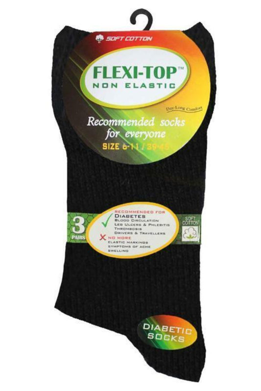Flexi-Top Non Elastic Diabetic Friendly Socks 3 Pack Black