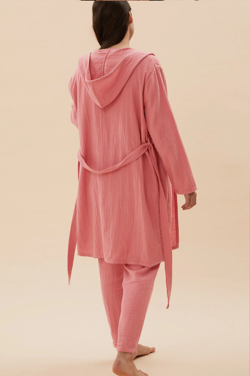 Famous Store Pure Cotton Muslin Hooded Dressing Gown Salmon