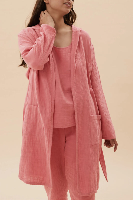 Famous Store Pure Cotton Muslin Hooded Dressing Gown Salmon