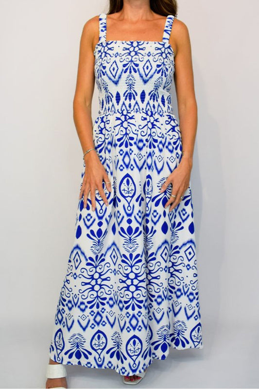 Blue Aztec Shirred Strap Maxi Dress