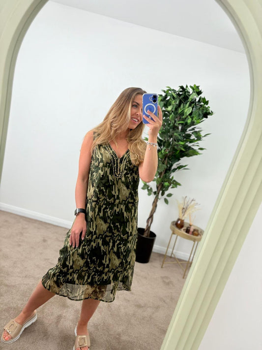 Sleeveless Camo Embellished Khaki Shift Dress Plus Size
