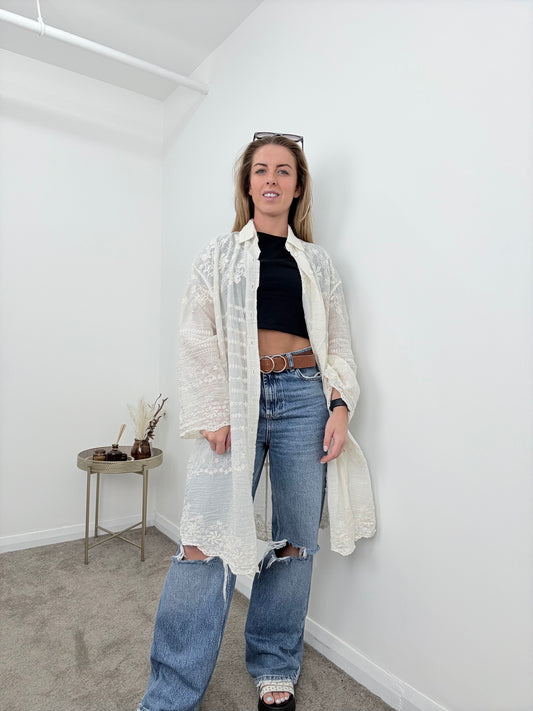 Cream Embordered Cover Up Shirt
