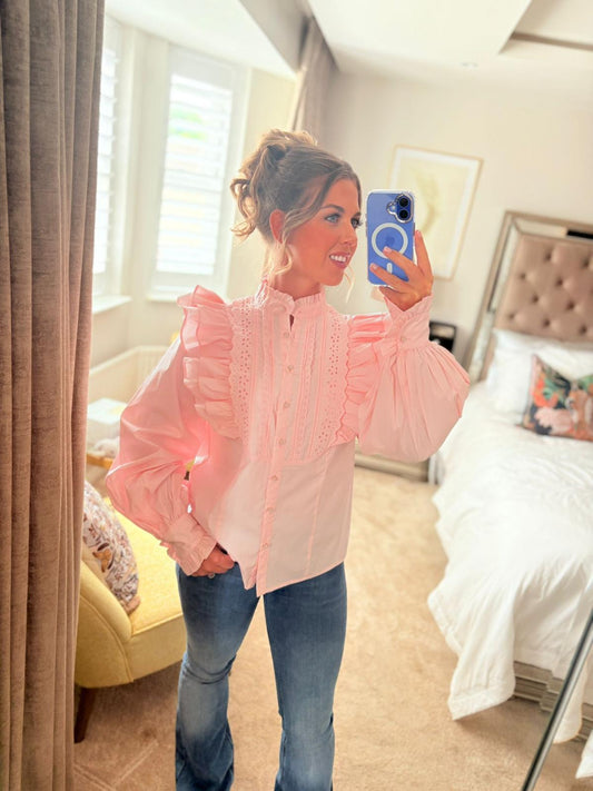 EX-RI Frill High Neck Pink Shirt