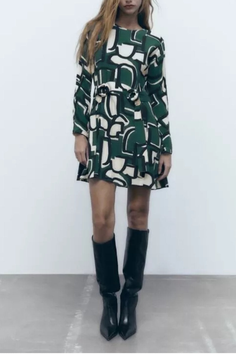 Ex Zara Frida Green Abstract Printed Midi Dress