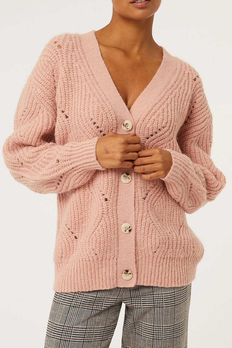 Ladies Knitted Button Up Cardigan Pink