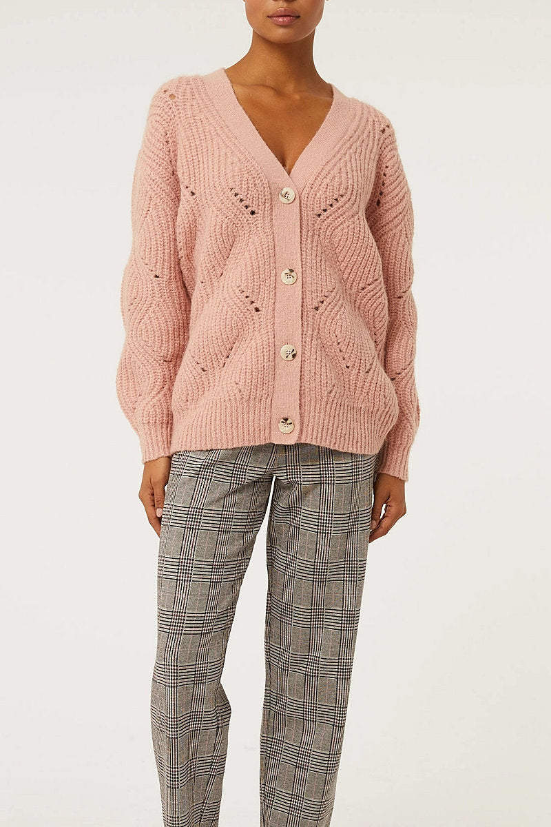Ladies Knitted Button Up Cardigan Pink