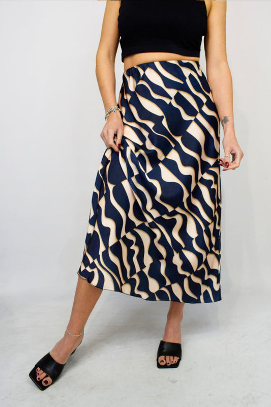 Boutique Collection Ladies Geometric Navy Printed Italian Satin Skirt