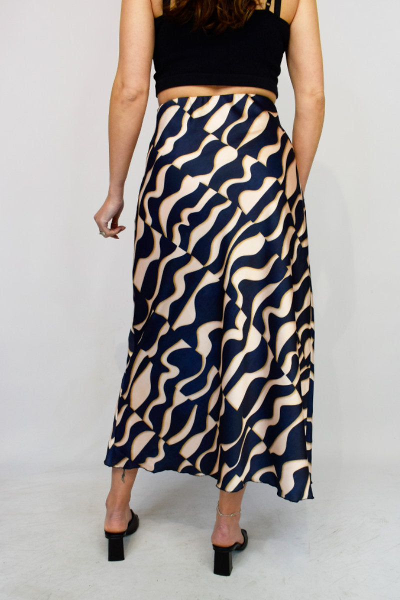 Boutique Collection Ladies Geometric Navy Printed Italian Satin Skirt