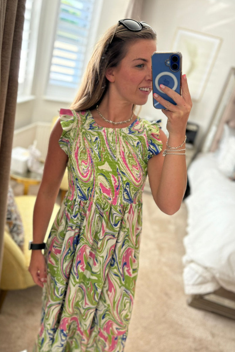 Abstract Green Paisley Frill Sleeve Dress