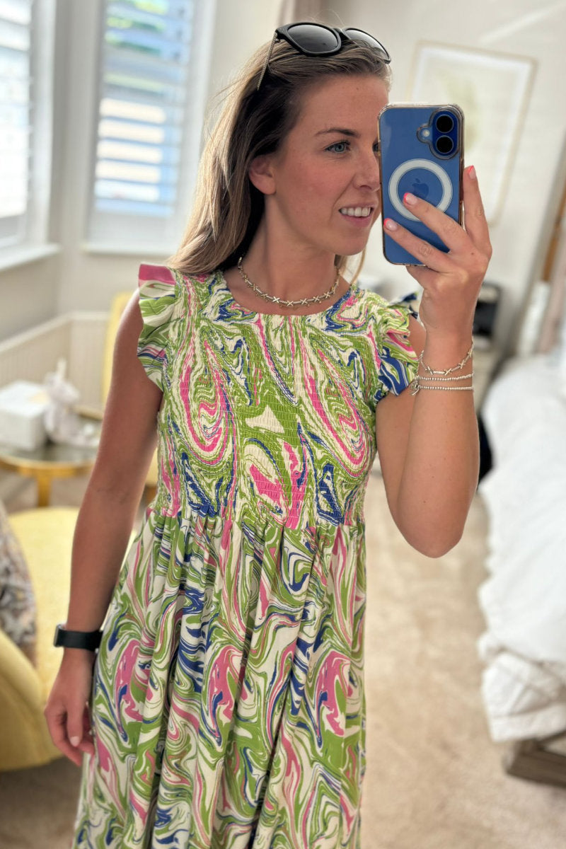 Abstract Green Paisley Frill Sleeve Dress