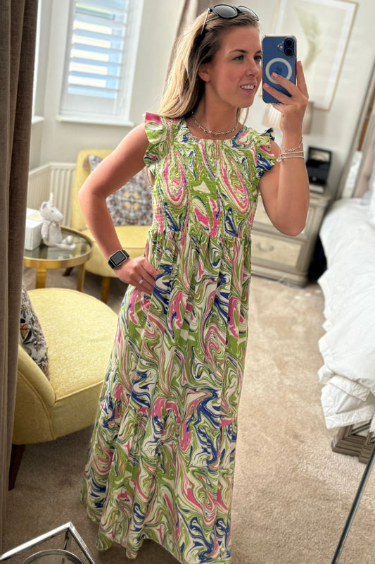 Abstract Green Paisley Frill Sleeve Dress