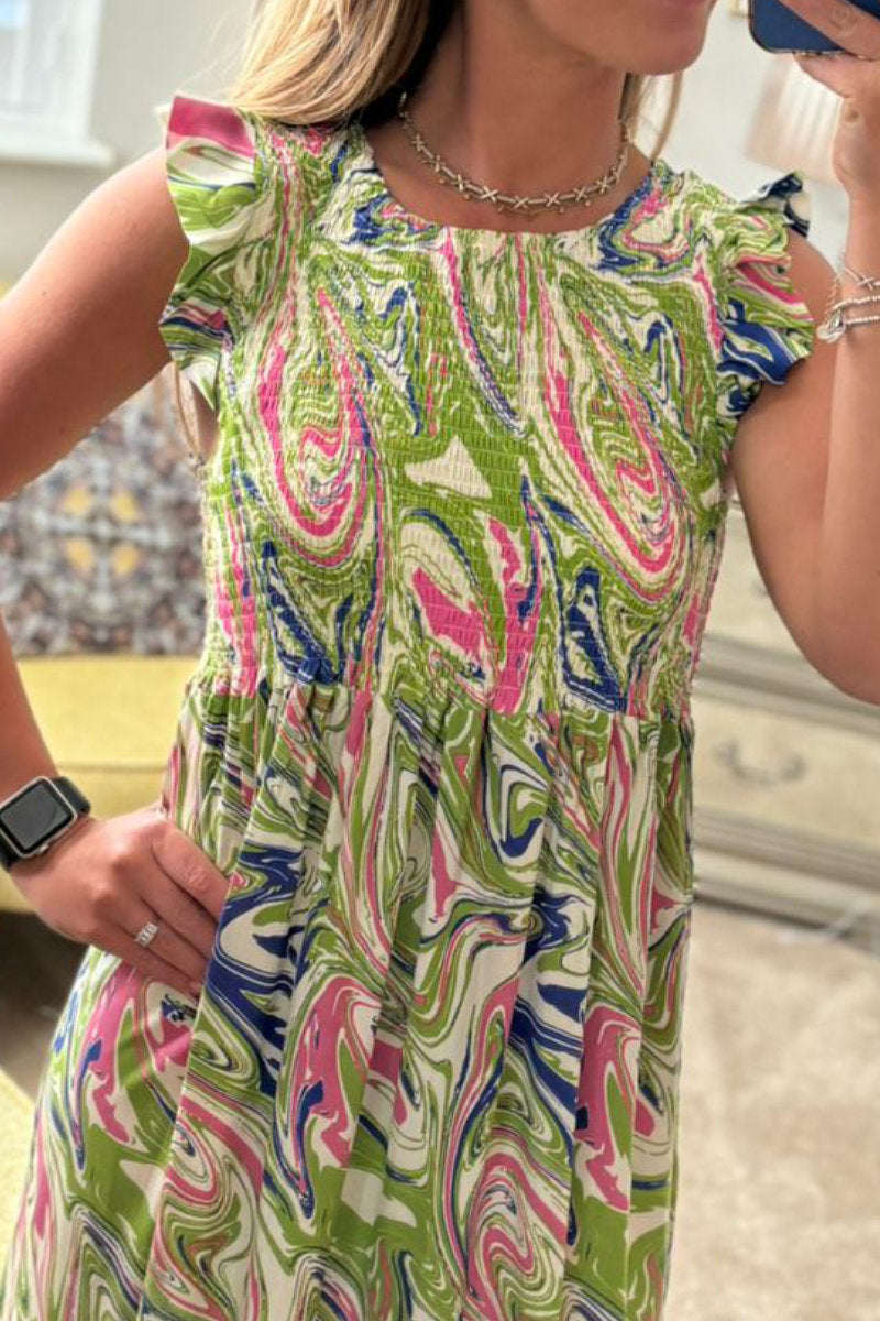 Abstract Green Paisley Frill Sleeve Dress