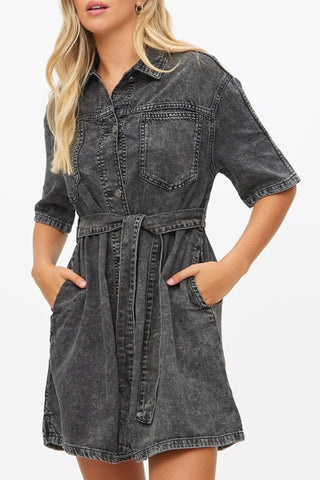 Ex TU Grey Acid Wash Denim Oversized Shirt Dress