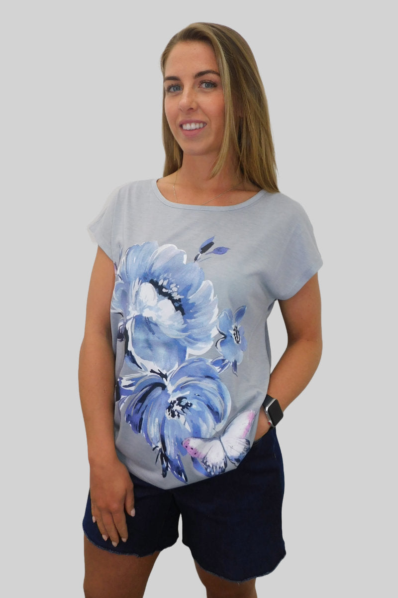 Ladies Elegant Grey & Blue Floral Butterfly Tee