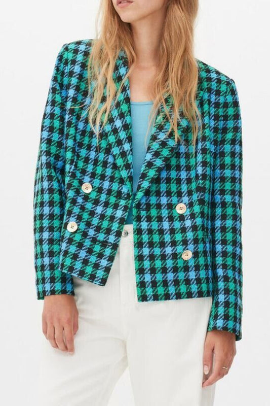 Ladies Blue Green Check Pattern Gold Buttons Shoulder Pad Crop Blazer Jacket