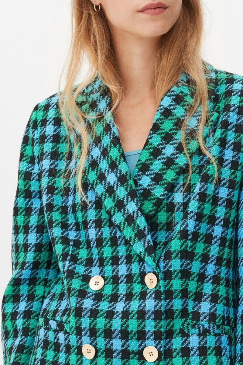 Ladies Blue Green Check Pattern Gold Buttons Shoulder Pad Crop Blazer Jacket