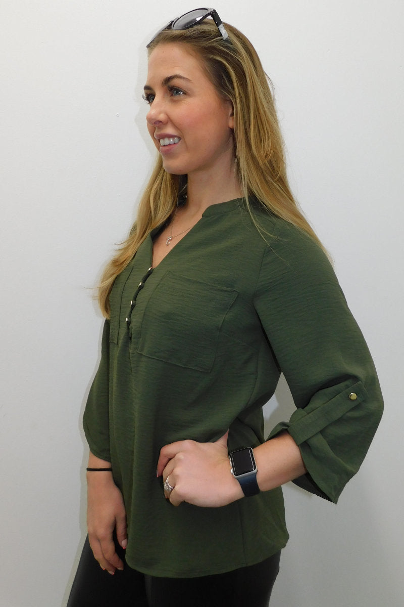 Famous Store Green Gold Button Blouse