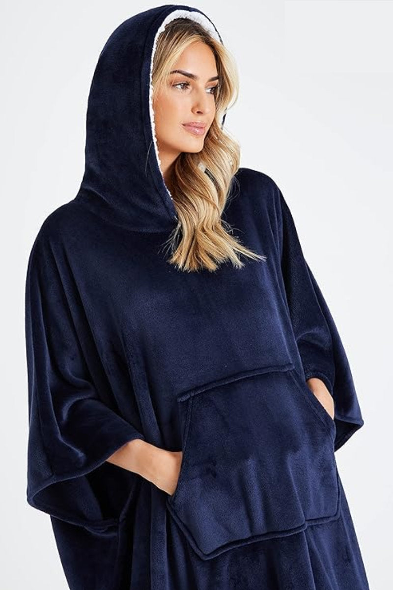Unisex Wearable Fleece Hooded Blanket Navy