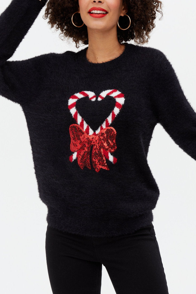 Yessica Candy Cane Christmas Eyelash Sequin Bow Jumper