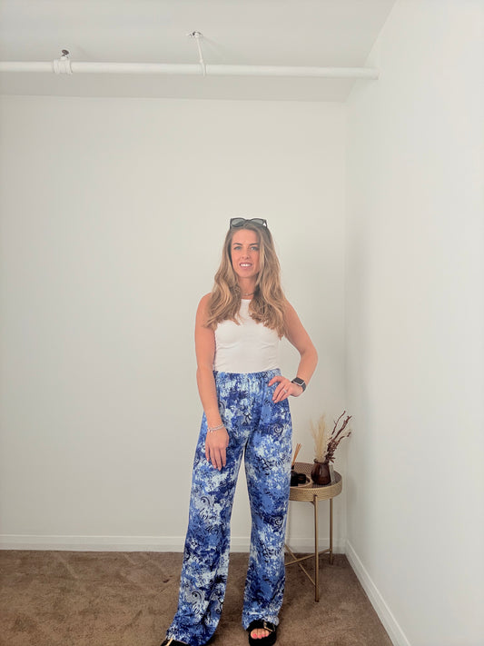 Blue Paisley Wide Leg Trousers