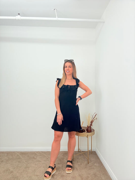 EX-New Look Frill Strap Black Linen Blend Mini Dress/Tunic