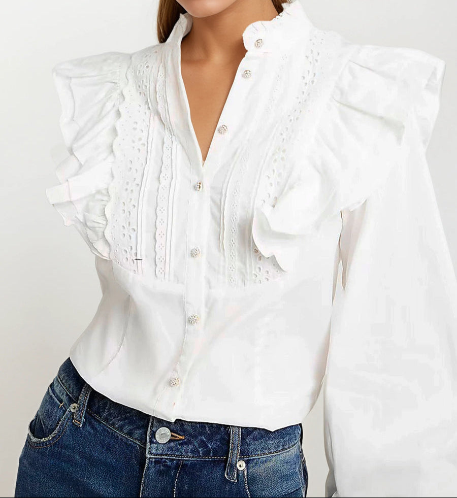 EX-RI Frill High Neck White Shirt