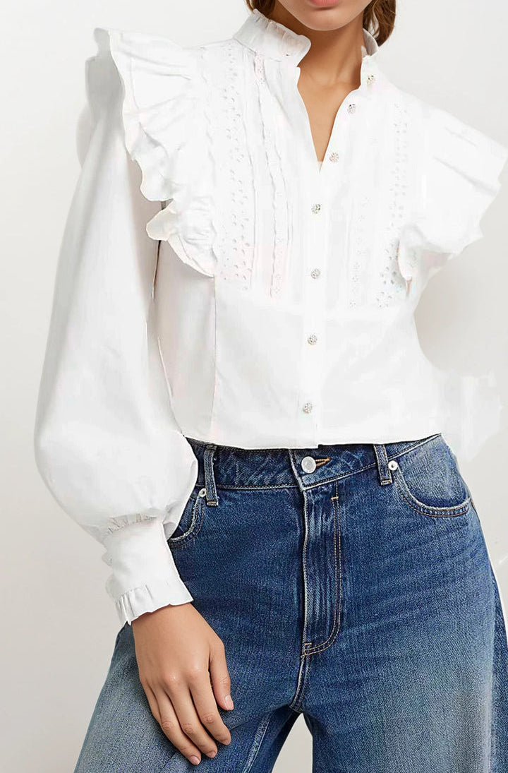 EX-RI Frill High Neck White Shirt