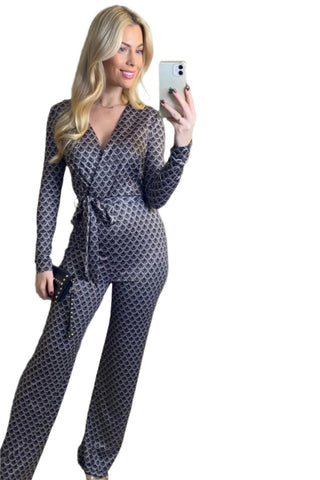 Boutique Collection Ladies Chic Black Geometric Print Wrap Jumpsuit