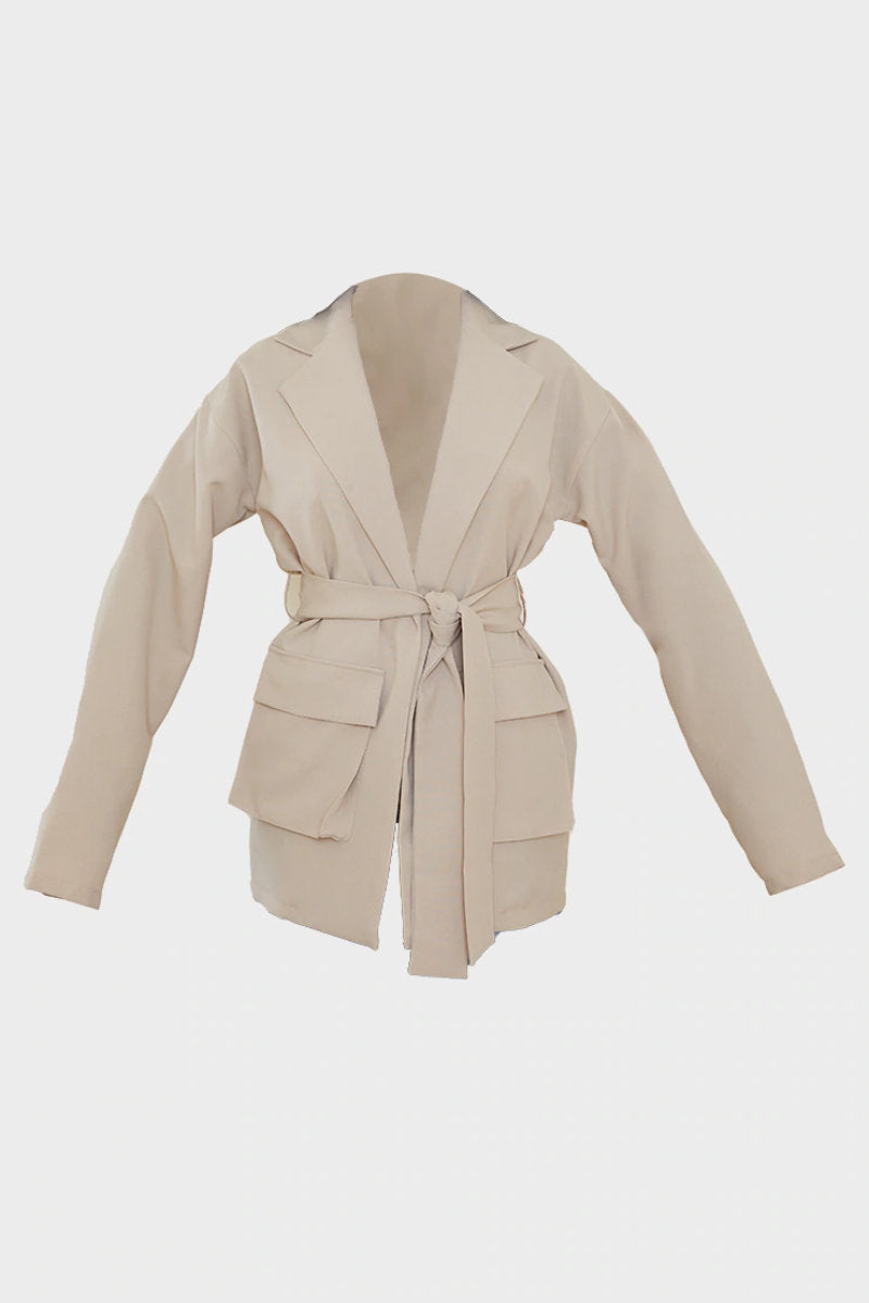 Famous Online Store Woven Pocket Detail Belted Utility Blazer Stone