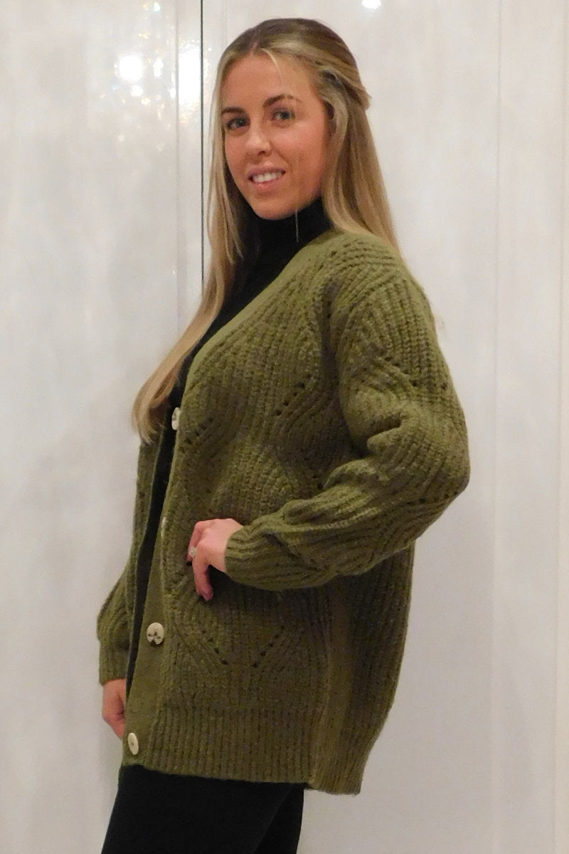 Ladies Knitted Button Up Cardigan Khaki