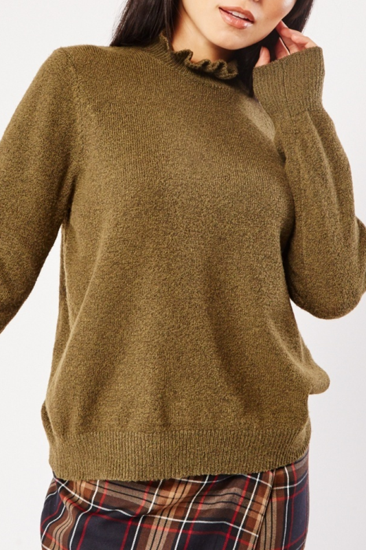 Ladies Ruched High Neck Knit Top Khaki