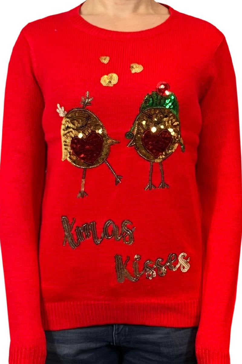 Ladies Christmas Red Robin Kissmass Jumper