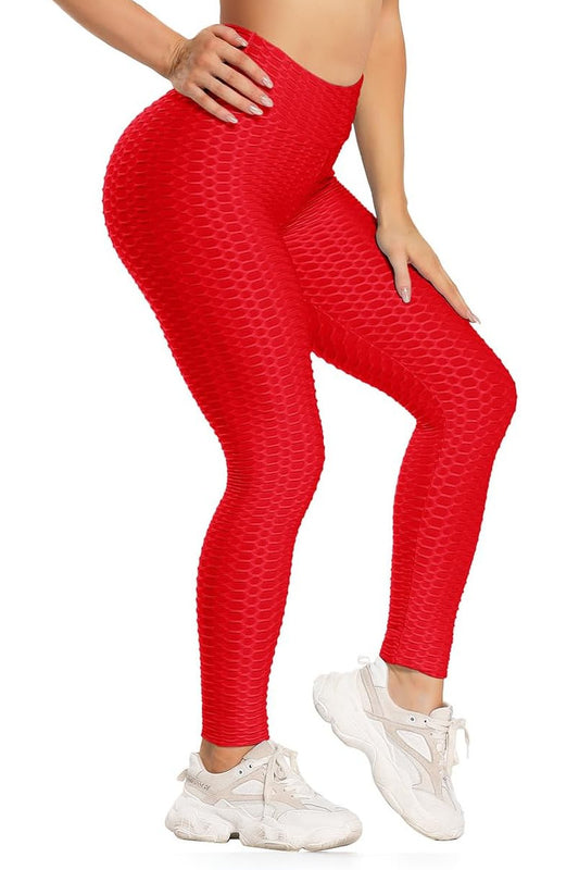 Waffle Texture Bubble High Waist Gym "TikTok" Leggings Red