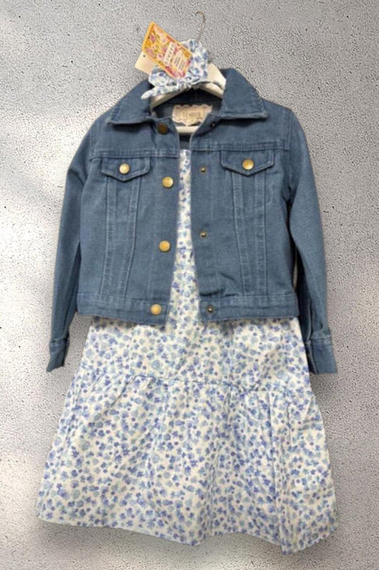 Girls Floral Blue Dress, Denim Jacket & Matching Scrunchie Set (3-Piece)