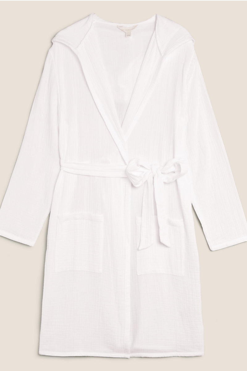Famous Store Pure Cotton Muslin Hooded Dressing Gown White