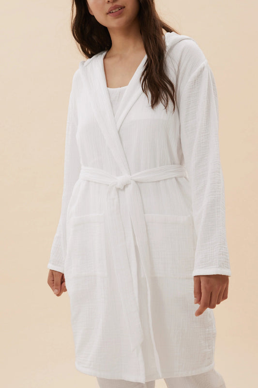 Famous Store Pure Cotton Muslin Hooded Dressing Gown White