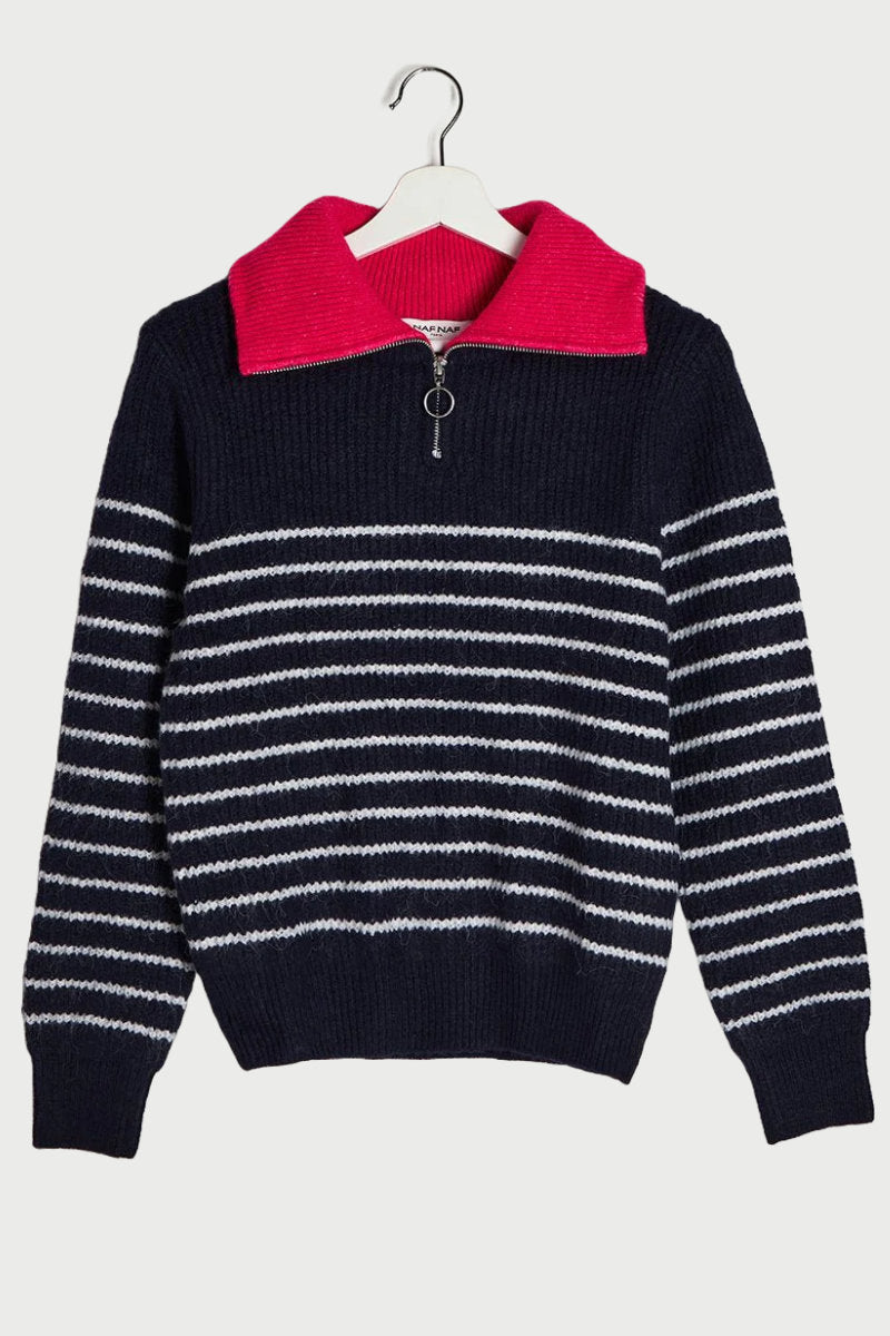 Naf Naf Zip Neck Navy Striped Jumper