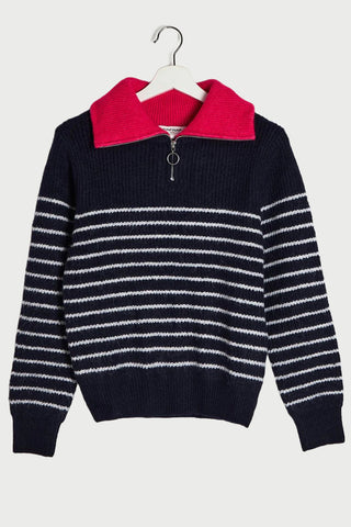 Naf Naf Zip Neck Navy Striped Jumper