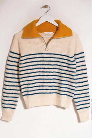 Naf Naf Zip Neck Ecru Striped Jumper