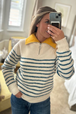 Naf Naf Zip Neck Ecru Striped Jumper